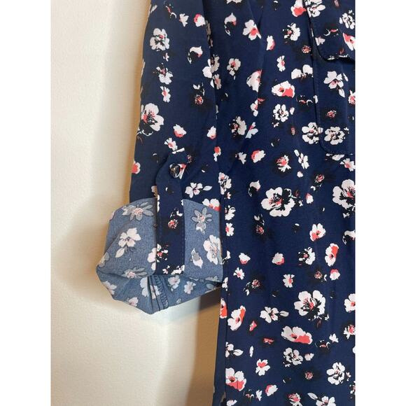 NY Collection Womens Floral Print Button-Up Blouse Roll Tab Sleeve Size S - Picture 5 of 9